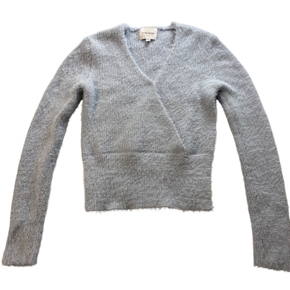 Pink Rose Blue Grey Fuzzy Eyelash Knit Faux Wrap V-Neck Cropped Sweater M